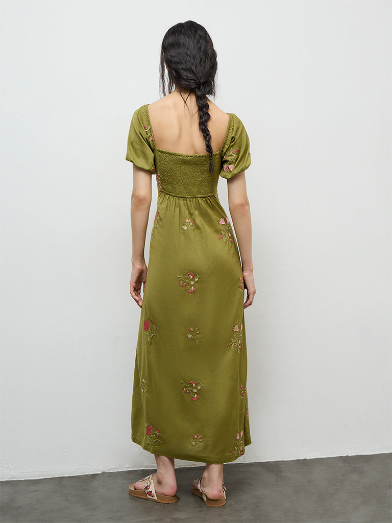 Bombay Paisley Olive Embroidered Cotton-Blend A-Line Dress