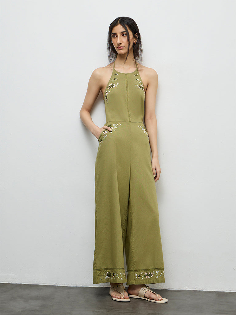 Bombay Paisley Green Embroidered Cotton-Blend Jumpsuit