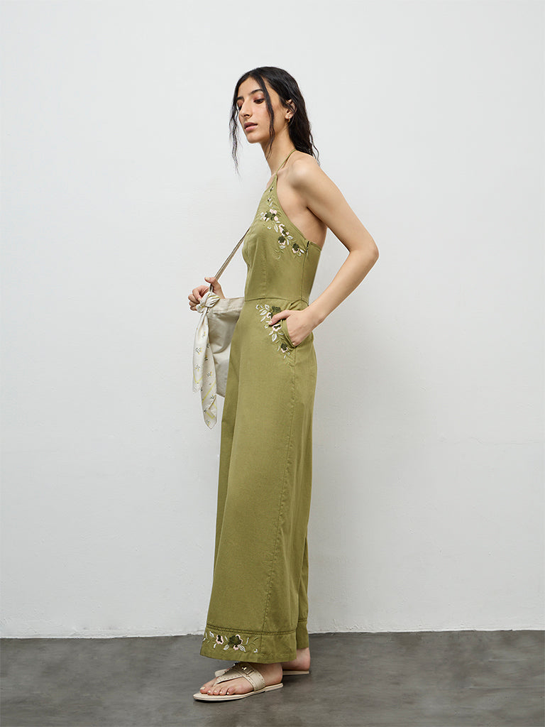 Bombay Paisley Green Embroidered Cotton-Blend Jumpsuit