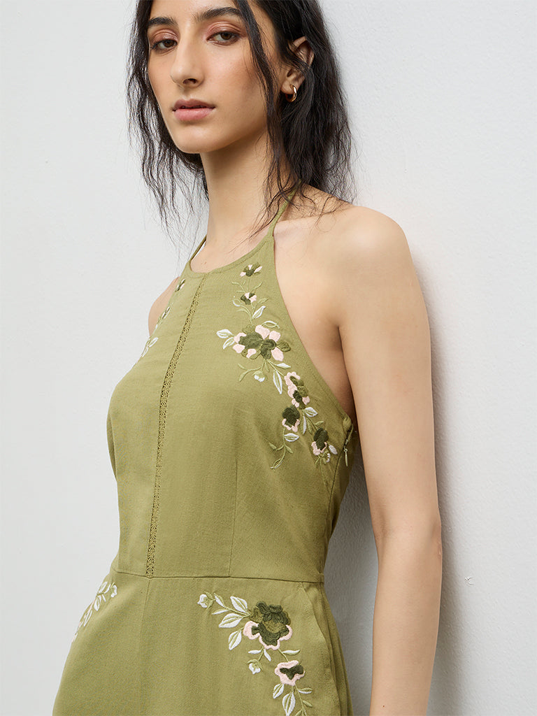 Bombay Paisley Green Embroidered Cotton-Blend Jumpsuit