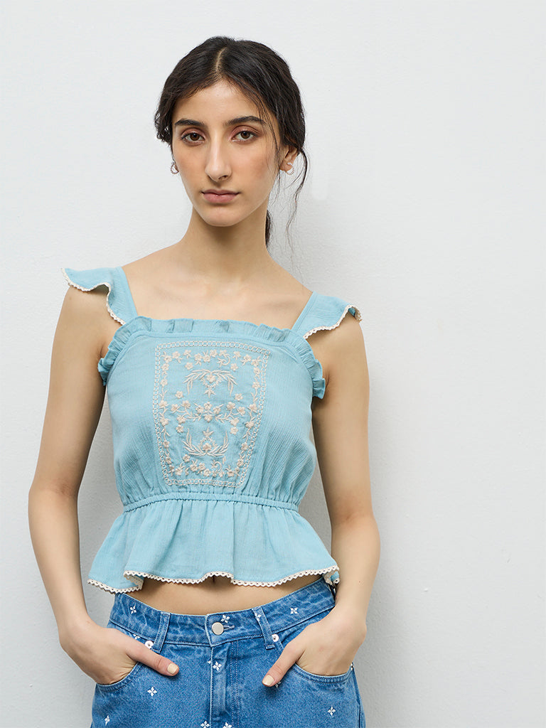 Bombay Paisley Light Blue Embroidered Cotton Top