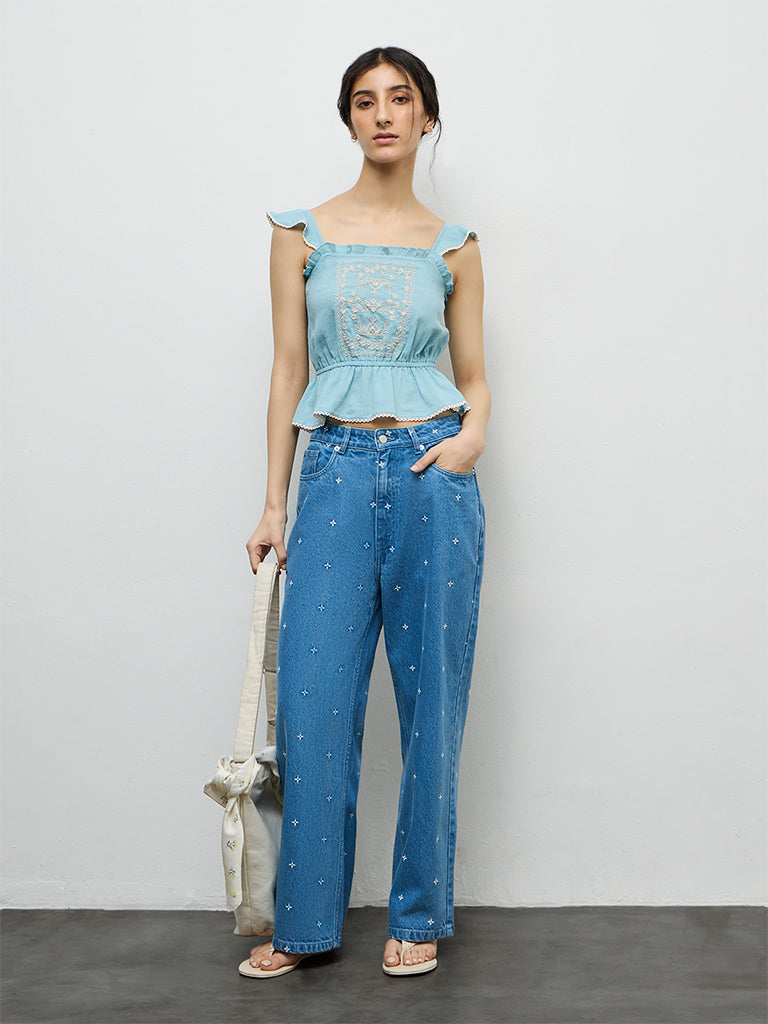 Bombay Paisley Light Blue Embroidered Cotton Top