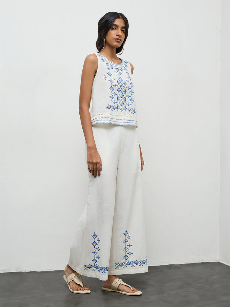 Bombay Paisley White Embroidered Cotton-Blend Top
