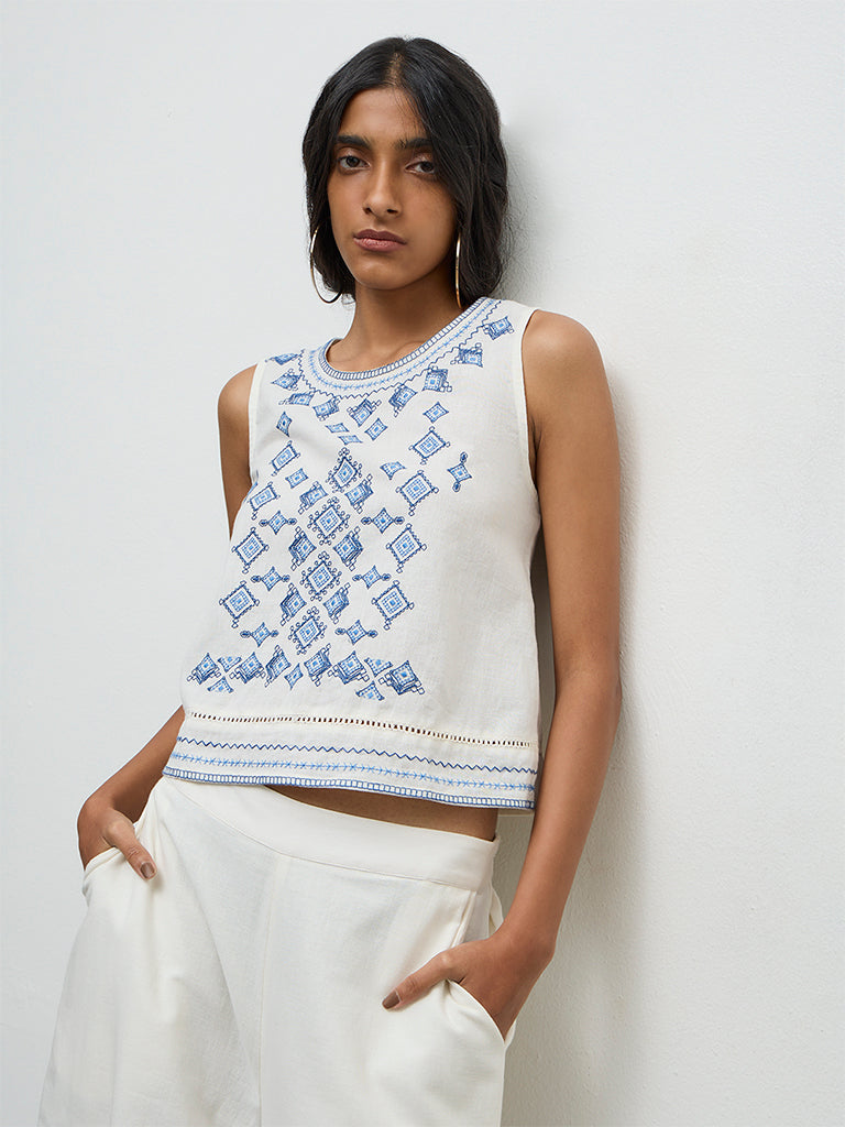 Bombay Paisley White Embroidered Cotton-Blend Top