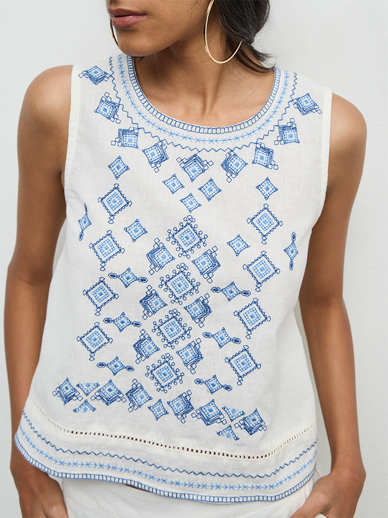 Bombay Paisley White Embroidered Cotton-Blend Top