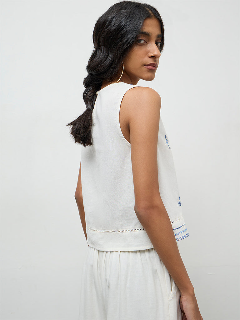 Bombay Paisley White Embroidered Cotton-Blend Top