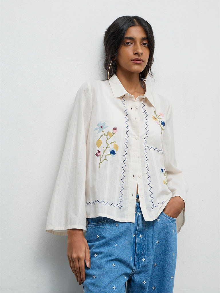 Bombay Paisley Off-White Embroidered Cotton Shirt
