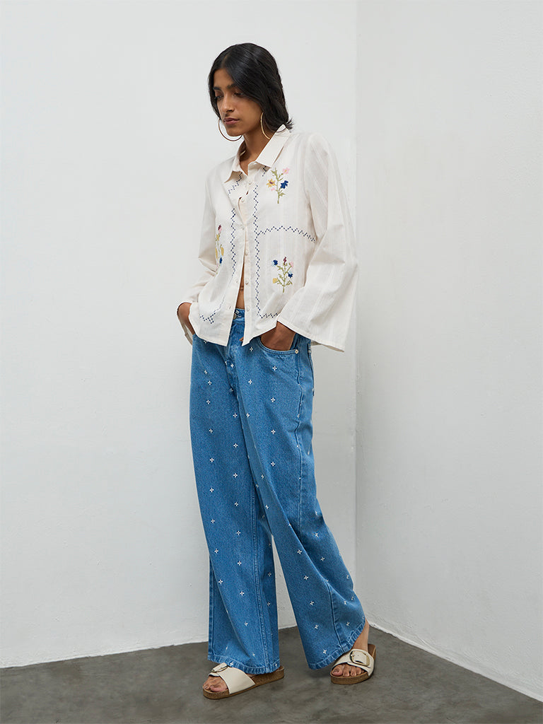 Bombay Paisley Off-White Embroidered Cotton Shirt