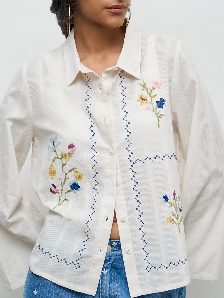Bombay Paisley Off-White Embroidered Cotton Shirt