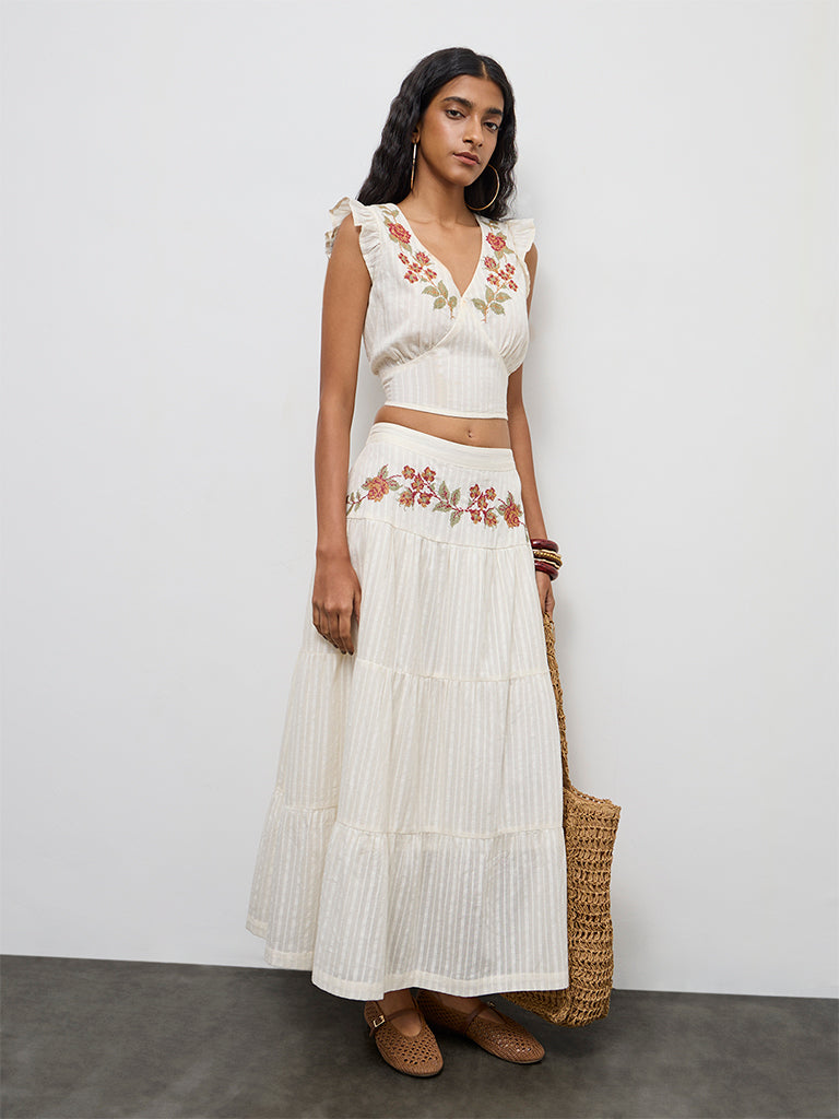Bombay Paisley Off-White Floral Embroidered Cotton Top