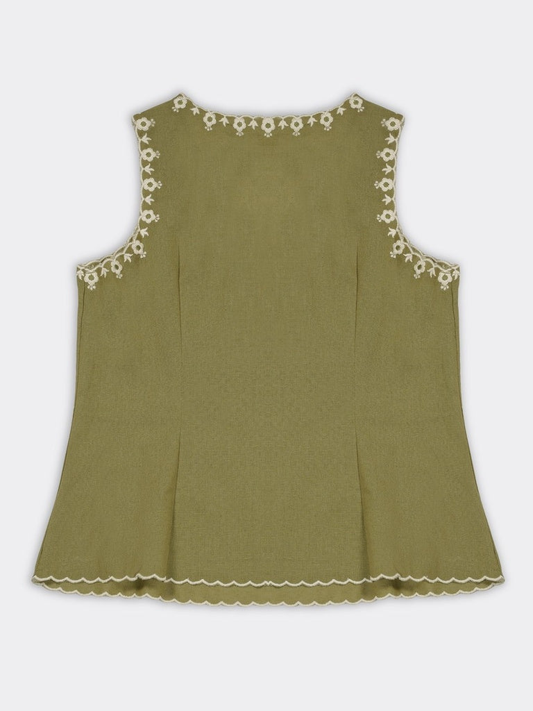 Bombay Paisley Olive Embroidered Cotton-Blend Top