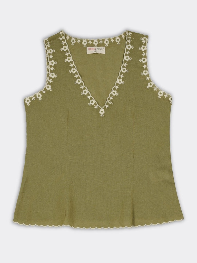 Bombay Paisley Olive Embroidered Cotton-Blend Top