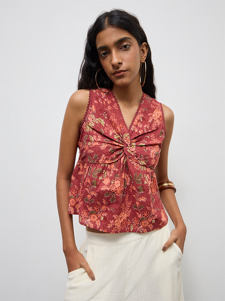 Buy Bombay Paisley Rust Floral Design Ruched Cotton Top from Westside