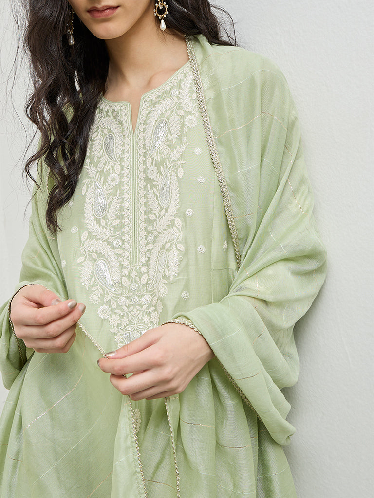 Vark Mint Embroidered Cotton-Blend A-Line Ethnic Set