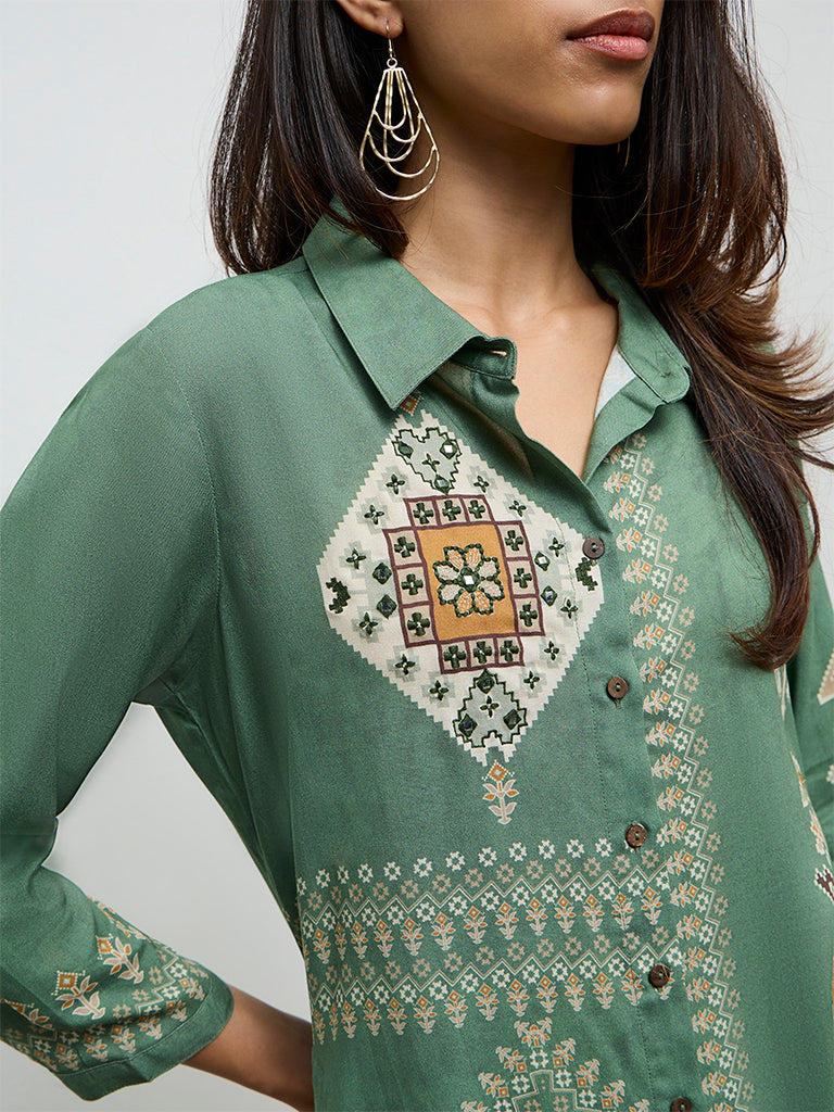 Utsa Olive Printed A-Line Kurta