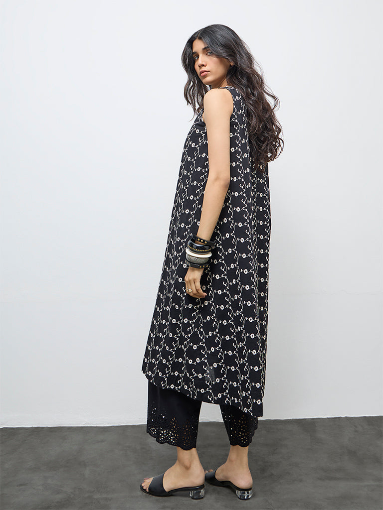 Utsa Black Floral Embroidered Cotton A-Line Kurta