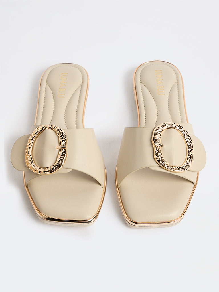 LUNA BLU Beige Buckle-Detailed Slides