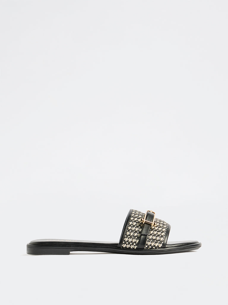 LUNA BLU Black Raffia Textured Slides