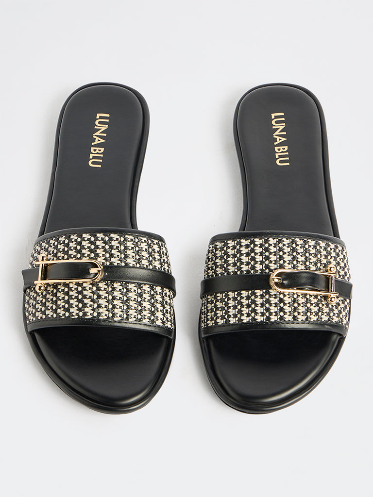 LUNA BLU Black Raffia Textured Slides