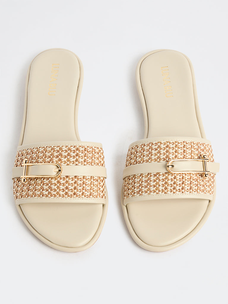 LUNA BLU Light Beige Raffia Textured Slides