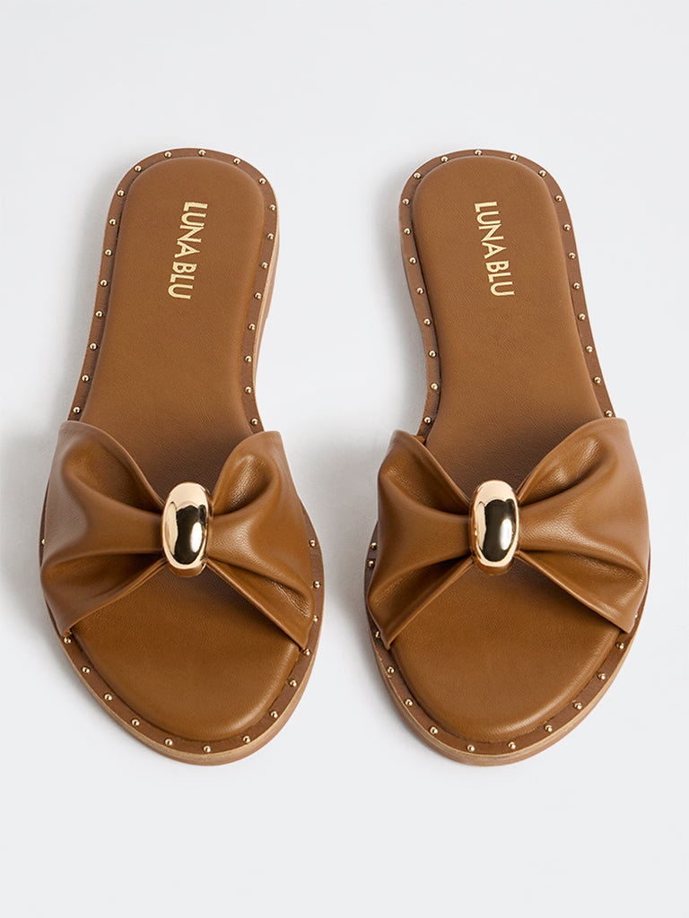 LUNA BLU Tan Bow-Design Slides