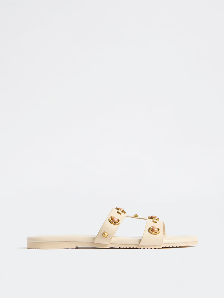 LUNA BLU Ivory Embellished Slides