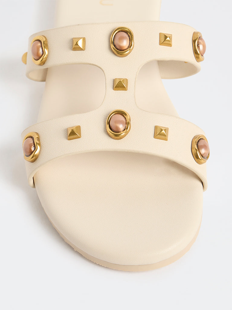 LUNA BLU Ivory Embellished Slides