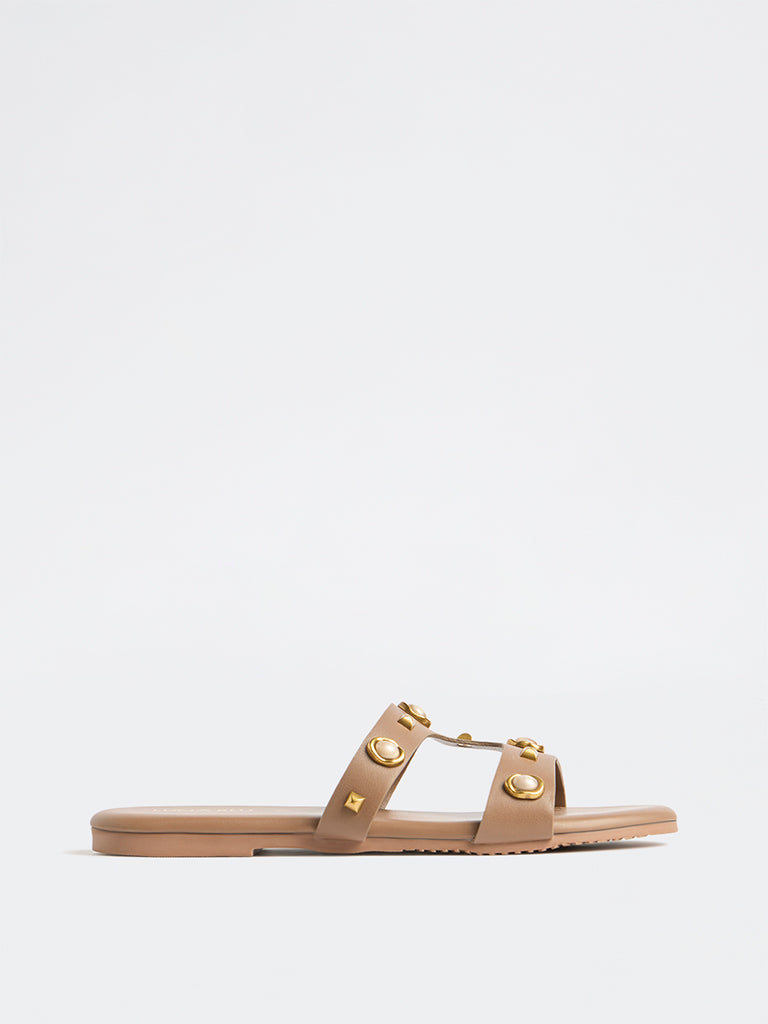LUNA BLU Brown Embellished Slides