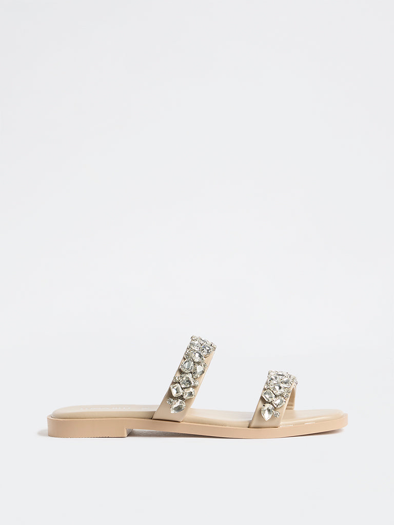 LUNA BLU Beige Diamante Dual-Strap Slides