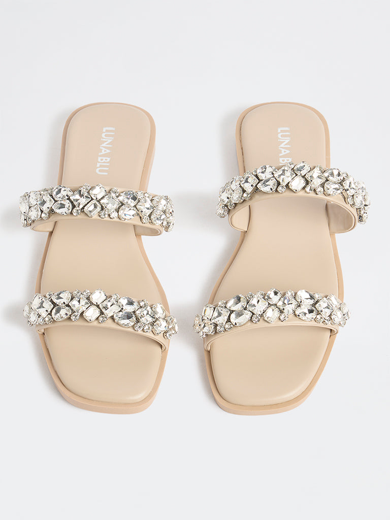 LUNA BLU Beige Diamante Dual-Strap Slides