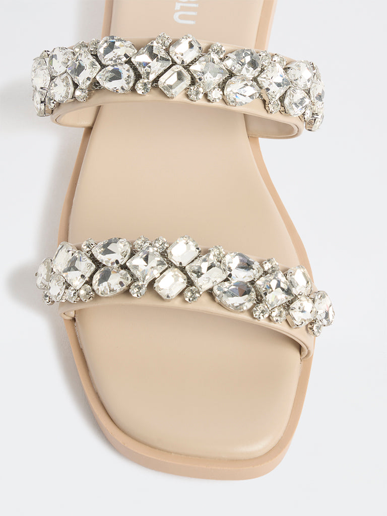LUNA BLU Beige Diamante Dual-Strap Slides