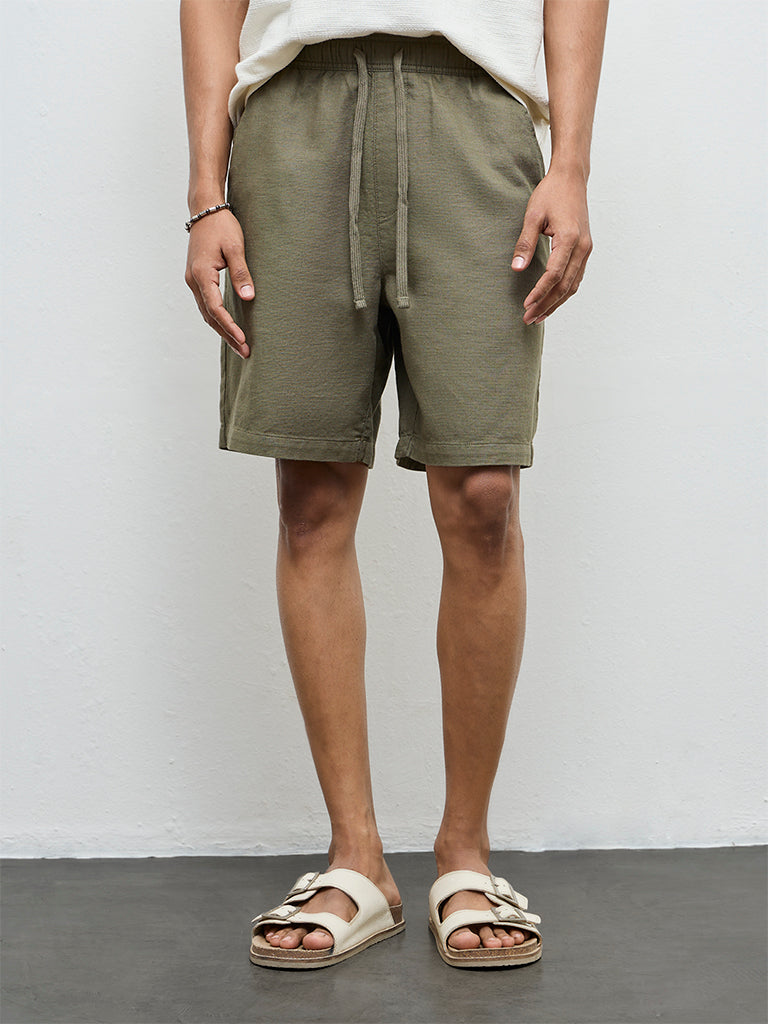 ETA Olive Solid Relaxed-Fit Mid-Rise Cotton Shorts