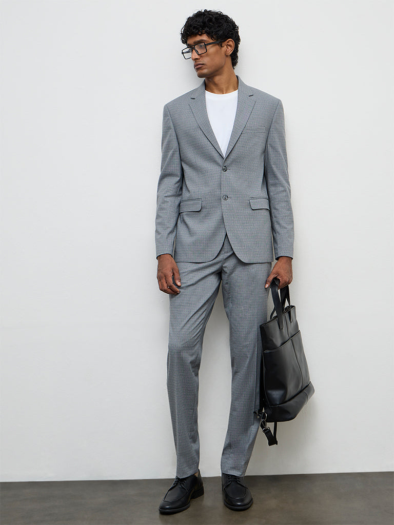 WES Formals Grey Houndstooth Checkered Slim-Fit Blazer