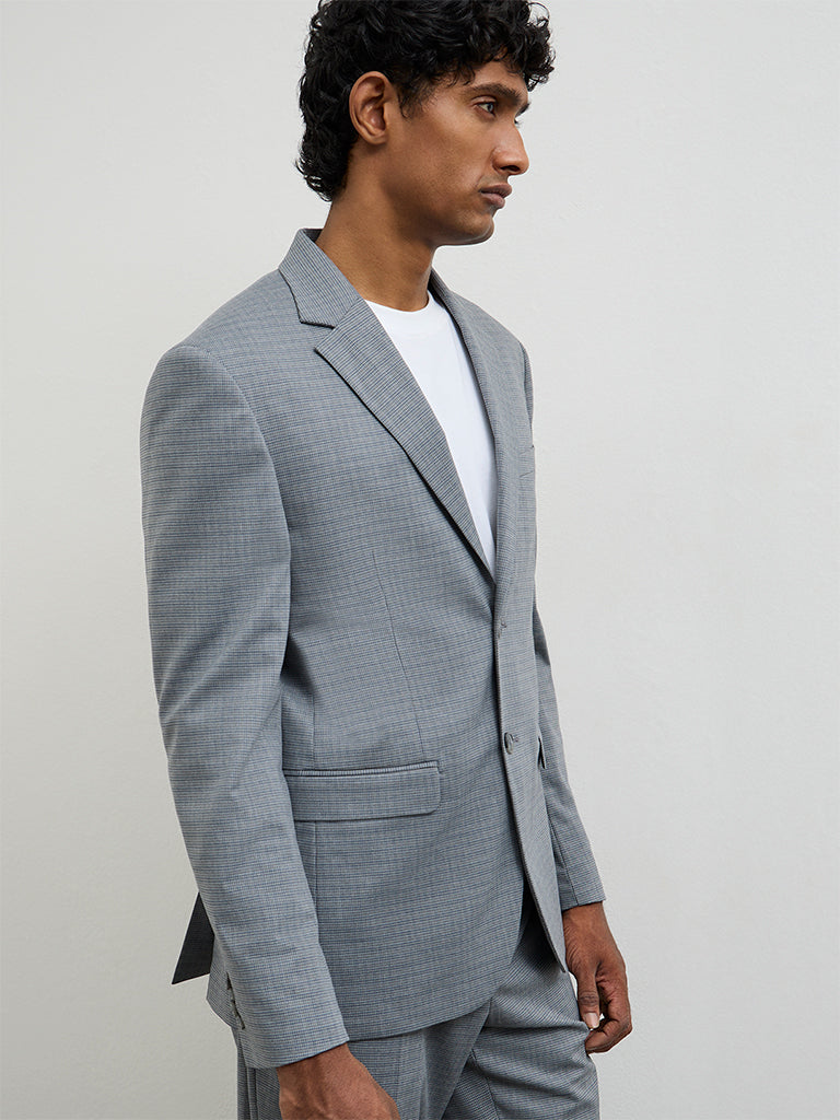 WES Formals Grey Houndstooth Checkered Slim-Fit Blazer