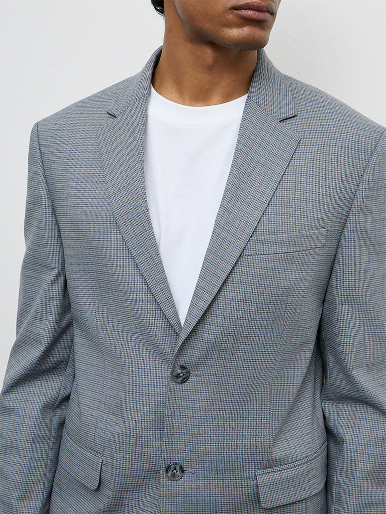 WES Formals Grey Houndstooth Checkered Slim-Fit Blazer
