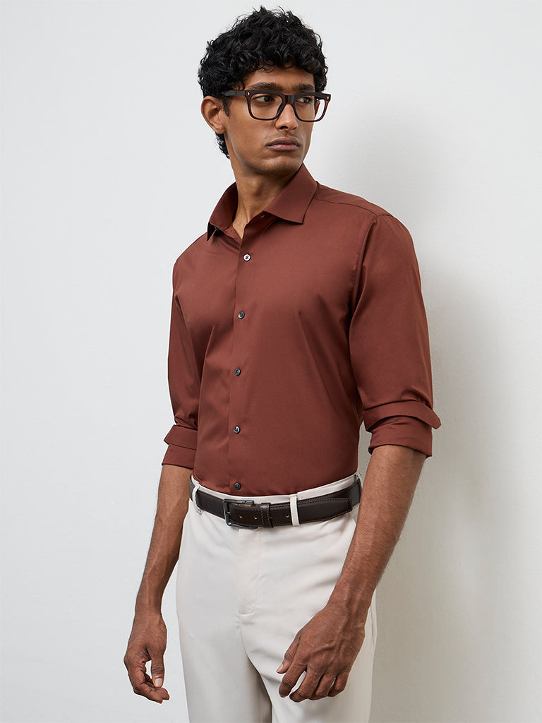 WES Formals Brown Ultra Slim-Fit Cotton-Blend Shirt
