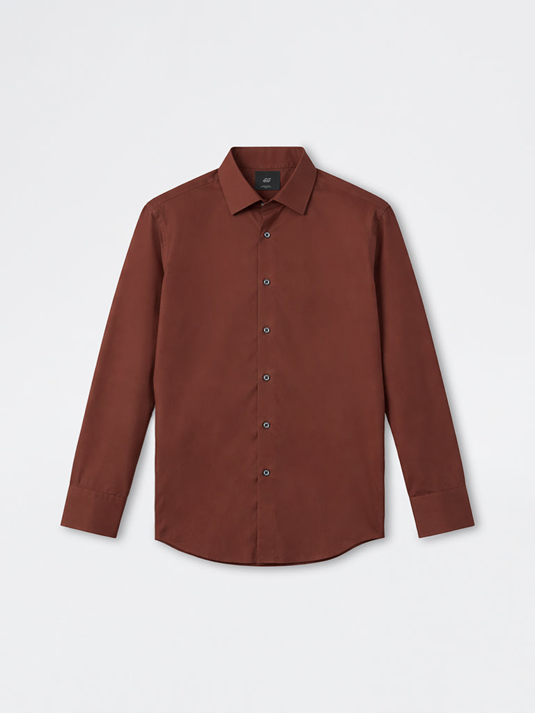 WES Formals Brown Ultra Slim-Fit Cotton-Blend Shirt