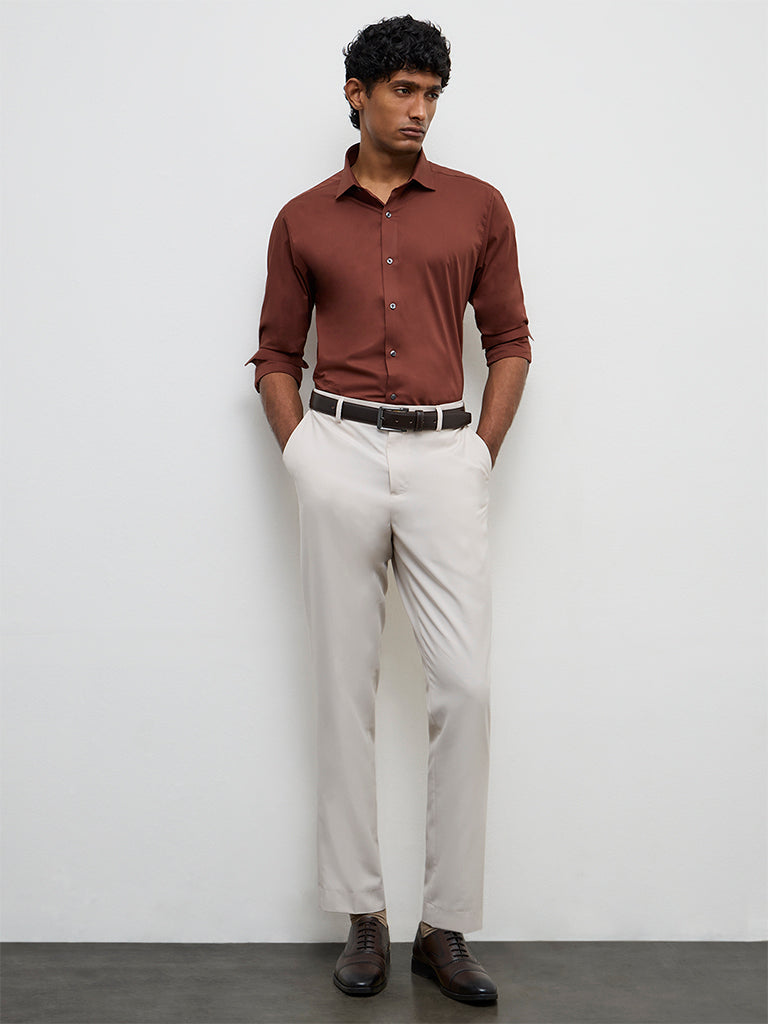 WES Formals Brown Ultra Slim-Fit Cotton-Blend Shirt