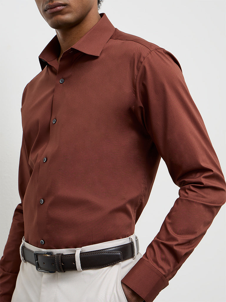WES Formals Brown Ultra Slim-Fit Cotton-Blend Shirt