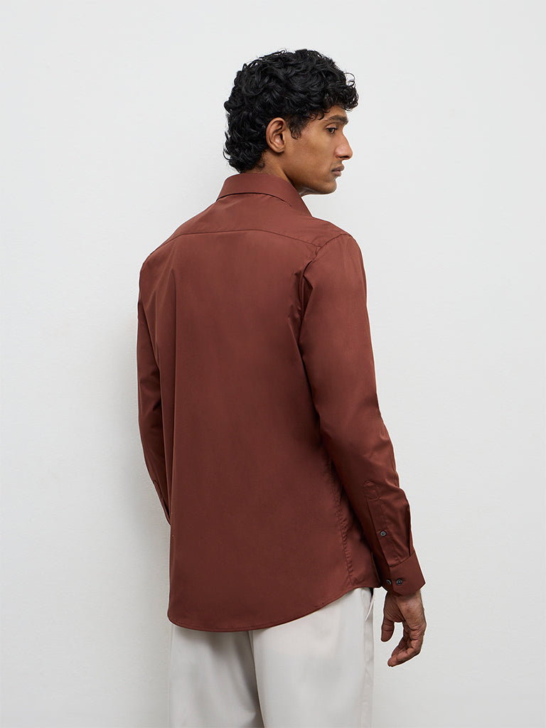 WES Formals Brown Ultra Slim-Fit Cotton-Blend Shirt