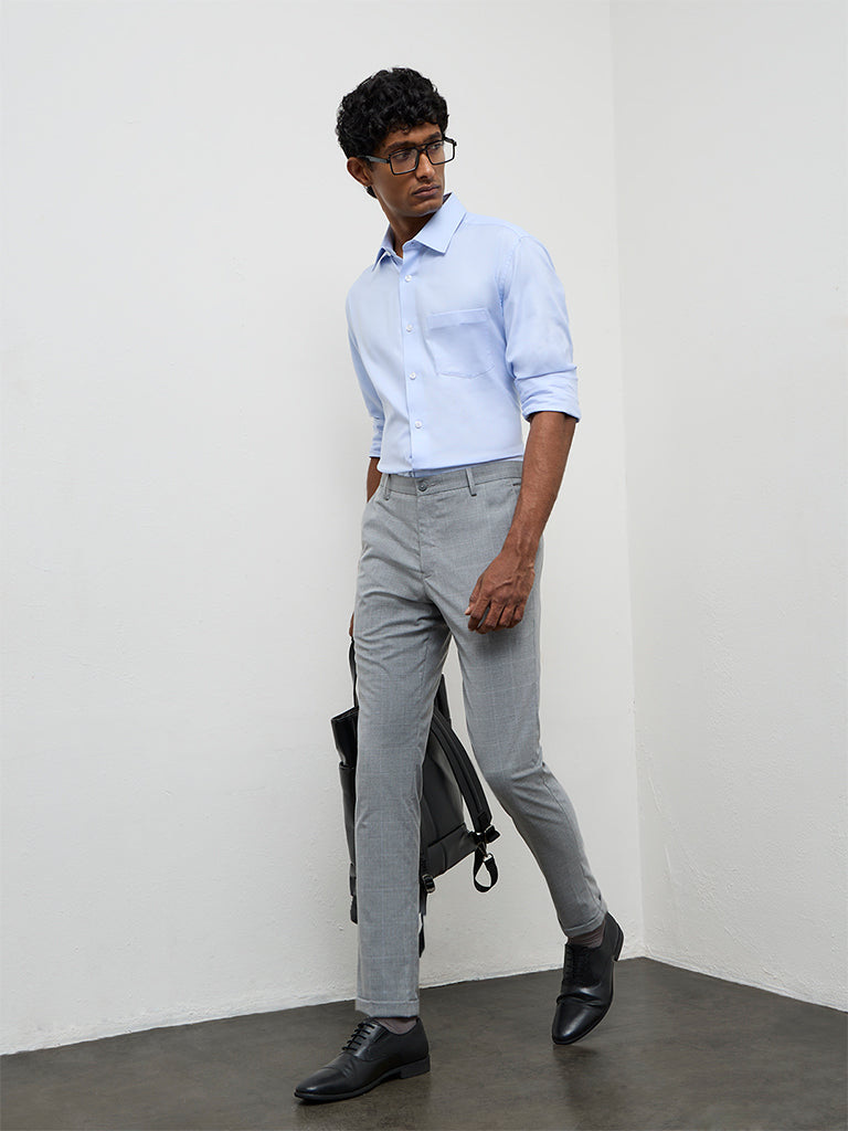 WES Formals Grey Checkered Slim-Fit Mid-Rise Trousers