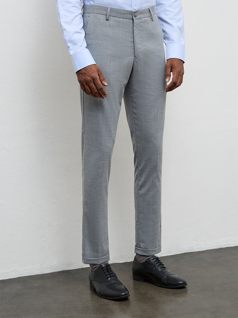 WES Formals Grey Checkered Slim-Fit Mid-Rise Trousers