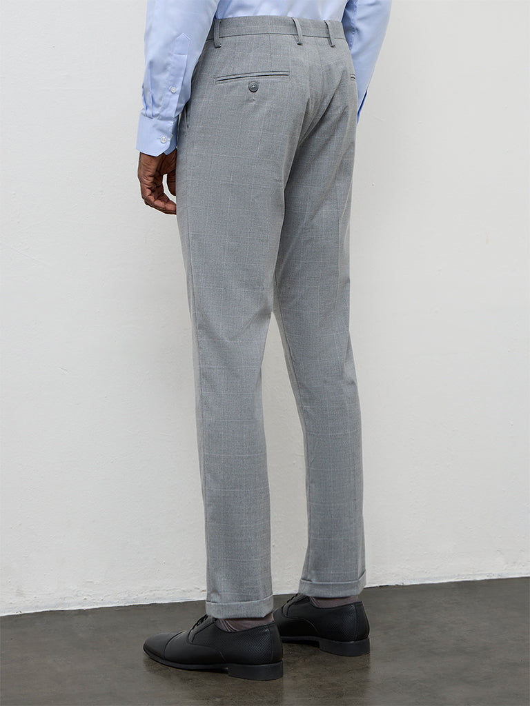 WES Formals Grey Checkered Slim-Fit Mid-Rise Trousers