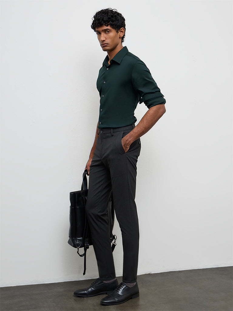 WES Formals Charcoal Pinstripe Relaxed-Fit Mid-Rise Trousers