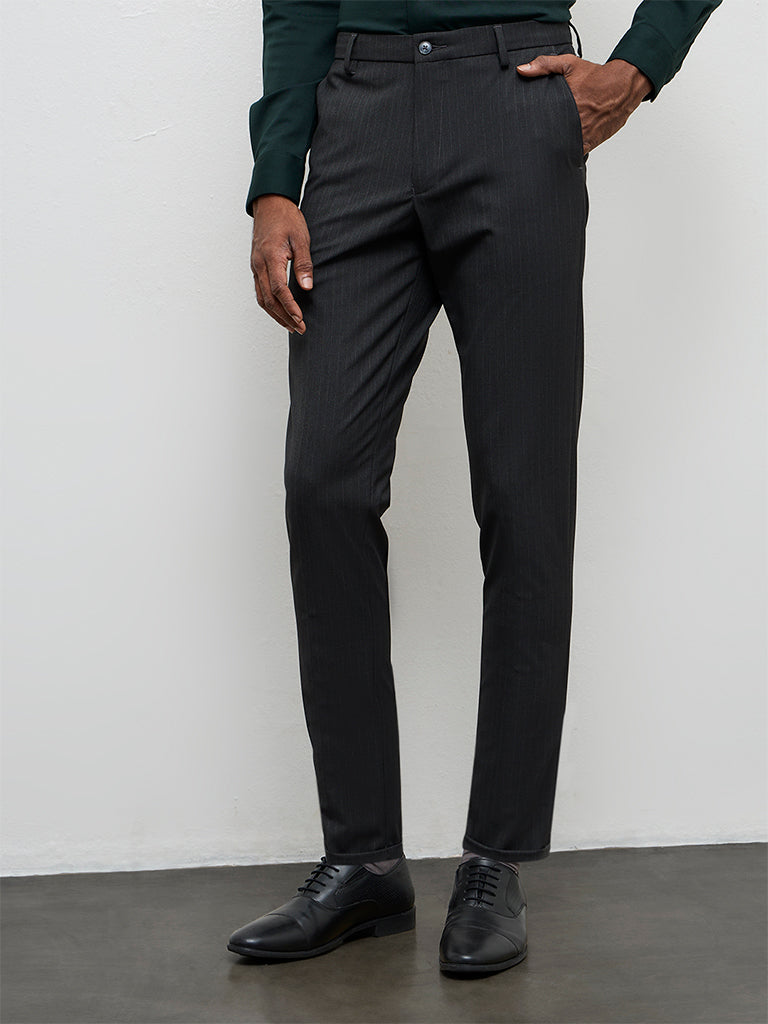 WES Formals Charcoal Pinstripe Relaxed-Fit Mid-Rise Trousers