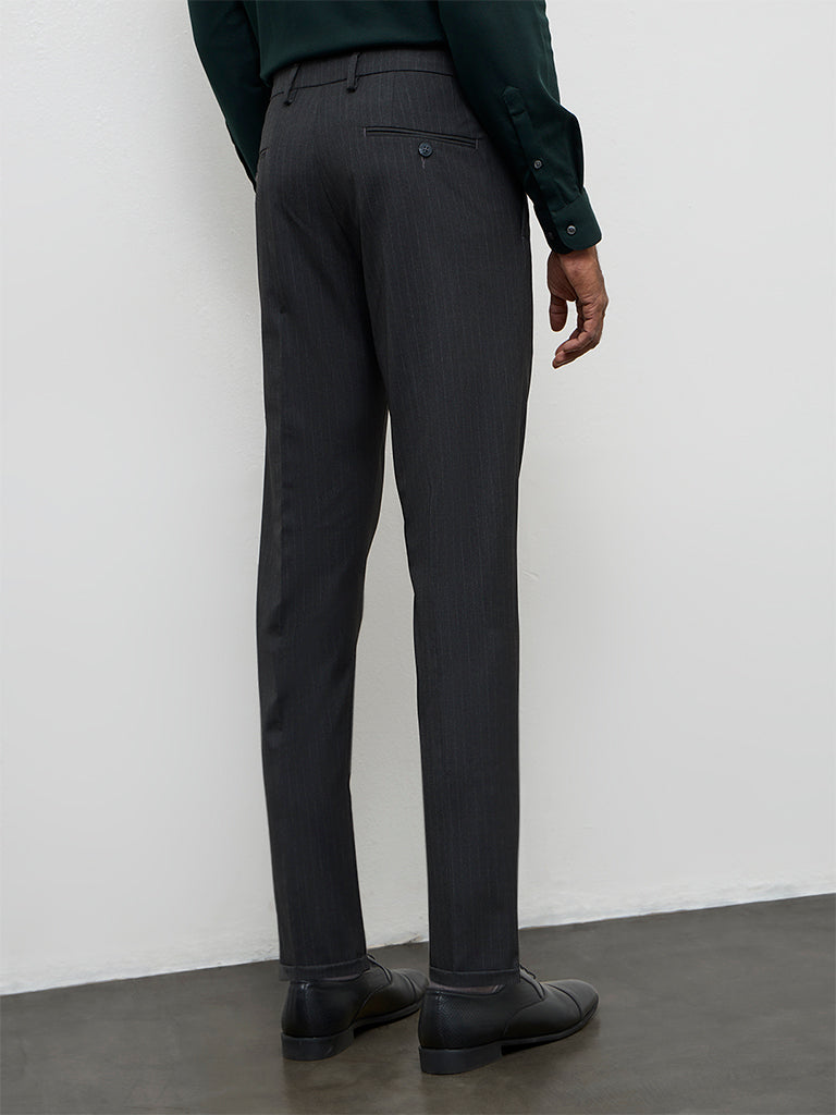 WES Formals Charcoal Pinstripe Relaxed-Fit Mid-Rise Trousers
