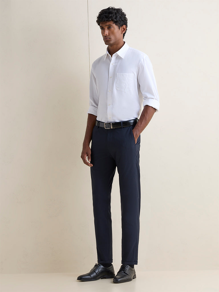 WES Formals Navy Pinstriped Slim-Fit Mid-Rise Trousers