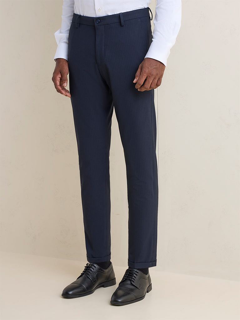 WES Formals Navy Pinstriped Slim-Fit Mid-Rise Trousers