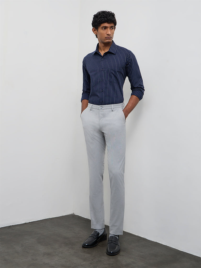 WES Formals Light Grey Ultra Slim-Fit Mid-Rise Trousers