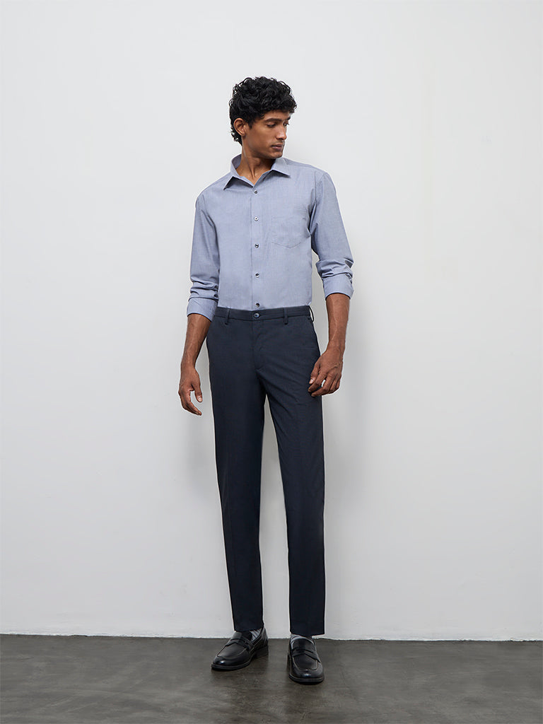 WES Formals Navy Ultra Slim-Fit Mid-Rise Trousers